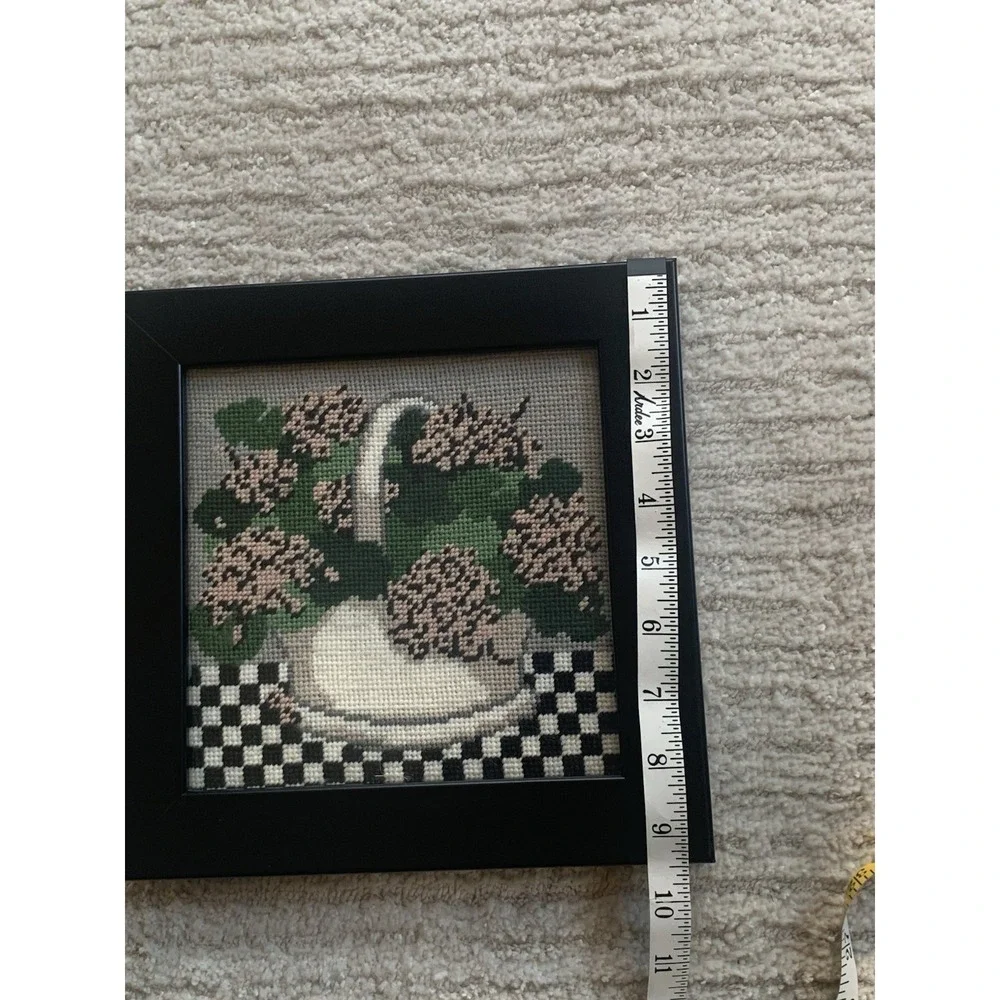 Vintage Needlepoint Cottage Core Springtime Custom Frame Hydrangea Basket